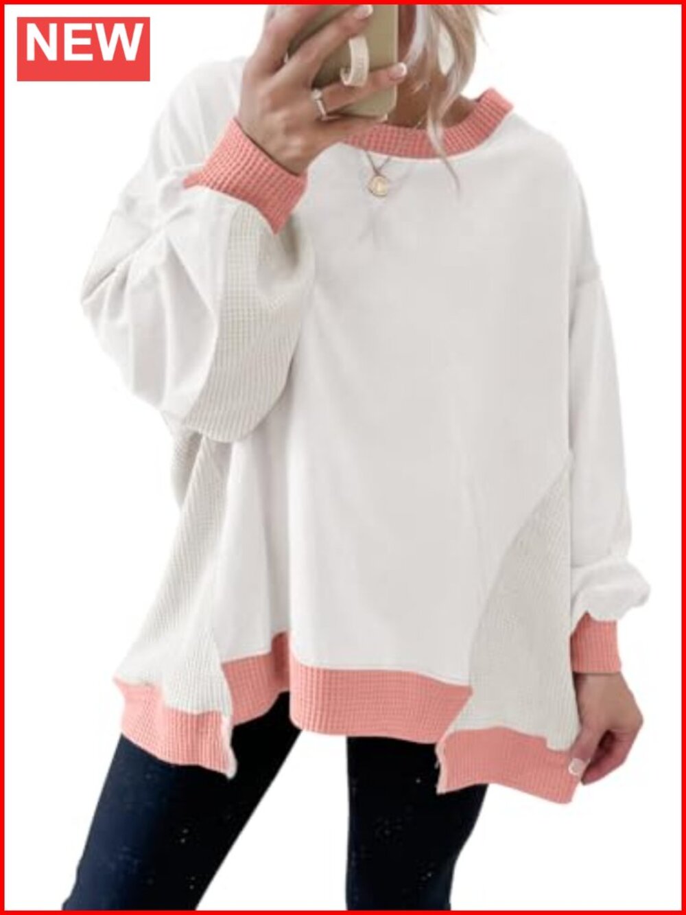 Waffle Knit Color Block Oversized Sweatshirt Crew Neck Pullover